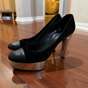 CHANEL Black and Silver Platform Heels